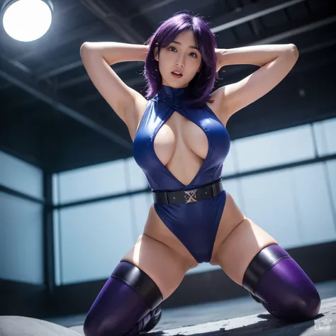 Haruka Ayase screaming arms up,Psylocke open thighs,solo,camel_toue,(too dark pubic hair),wet,see-through, 1girl,shoot from below,purple hair,makeup,blue_high leg tite Leotard,blue arm cover,blue knee high boots,Red belt, ninja,photorealistic,