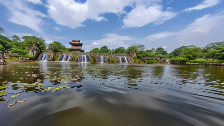 There is a pond，There are waterfalls and rock formations, Chinese scenery,  old Chinese building, Guangjian, water landscape, Waterfall in the background, Time-lapse shooting，Waterfall in the background, The water flows slowly，There are lotus flowers in th...