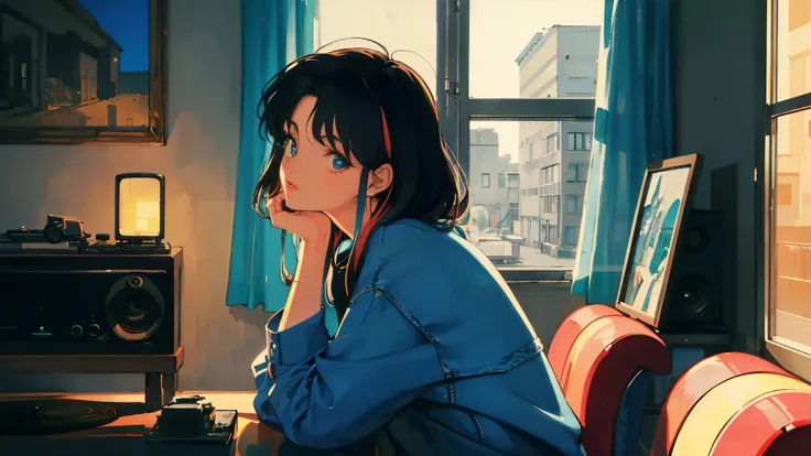 a masterpiece, top quality, a woman sitting by the window of an old apartment, enjoying lofi music playing from a vintage record...