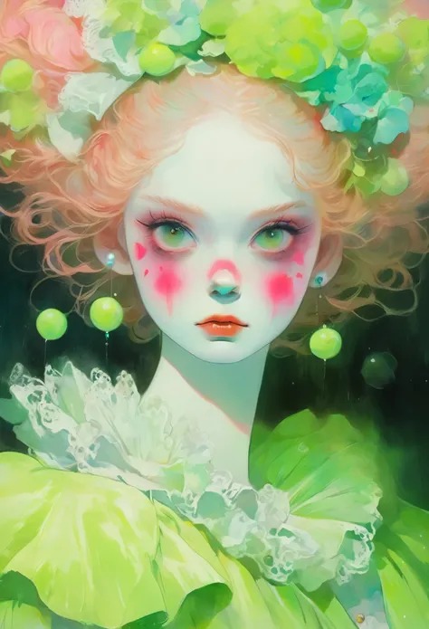 Clown makeup,Medium shot, Pastel painting of a young female, Two fluorescence angles, Startled look, black background, pale face, huge beautiful round eyes, long cilia, rococo style, fluorescent pink and green, by by Junji Ito, Inoue Takehiko, Julie Bell, ...