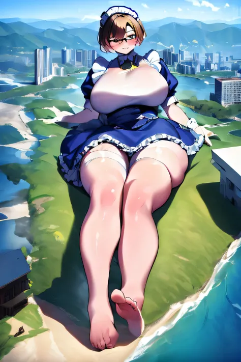 giantess art, highly detailed giantess shots, Two wrist, Two legs, Five fingers, giantess, short hair, A beautiful girl who is bigger than any skyscraper, Wearing rimless glasses, Big Breasts, Big Butt, Maid clothes, Black Pantyhose, black pantyhose, panty...