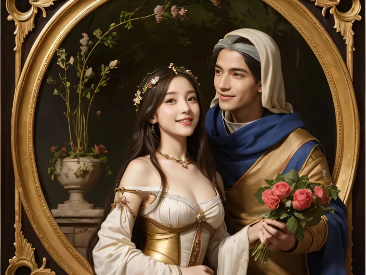 Giorgione painting style,Arguments of two female Philosophe,math、astronomical machine、astronaut、roses in vase、fruits、Cute trinkets、smile、ancient greek costume、Background is a forest lake at night 、Clothes that stretch your shoulders、A big smile、beautiful b...