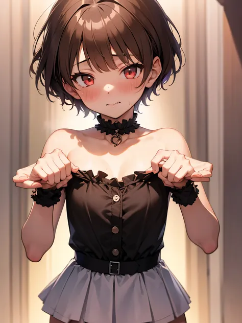 nsfw,1 girl、red eyes、short hair、brown hair、choker、clavicle、eye patch、長い髪のshort hair、side lock,(perfect hands),(perfect anatomy),...