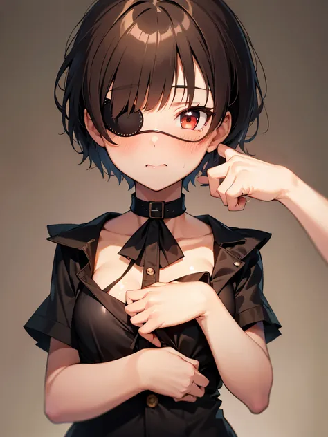 nsfw,1 girl、red eyes、short hair、brown hair、choker、clavicle、eye patch、長い髪のshort hair、side lock,(perfect hands),(perfect anatomy),...