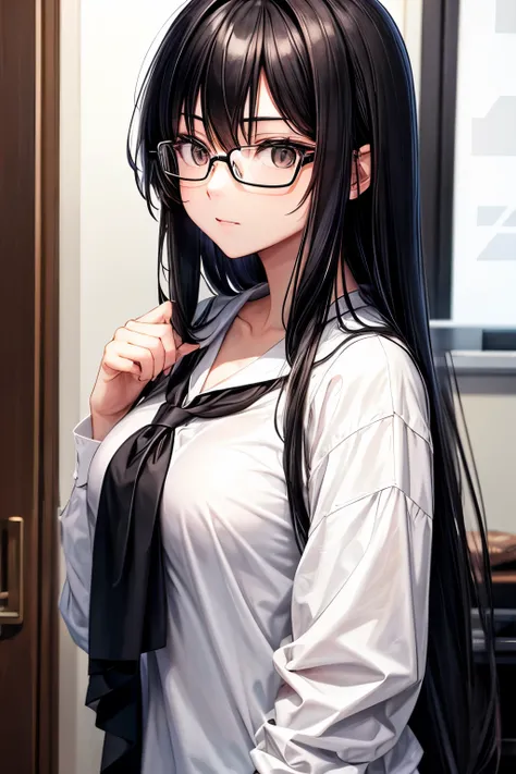 Long black hair, black eyes, glasses, female, home clothes