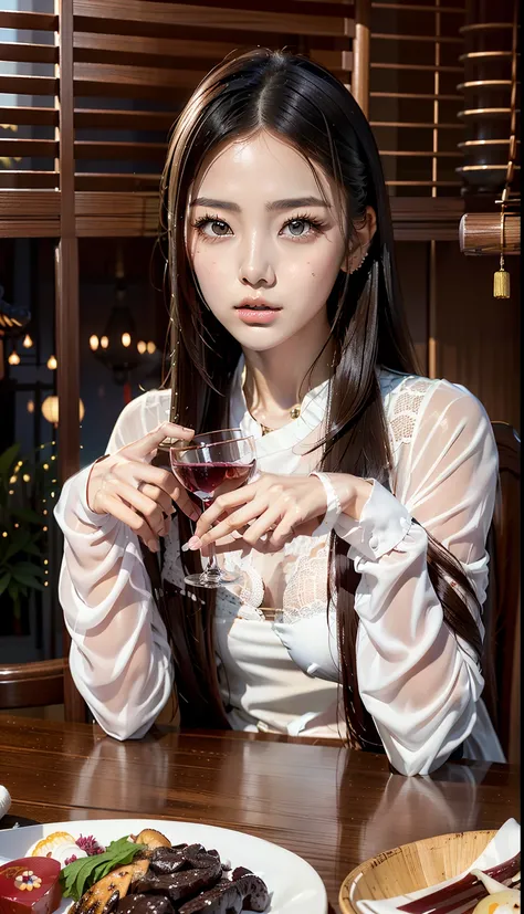 There is a woman sitting at a table holding a glass of wine, blackpink jennie, asian girl with long hair, beautiful asian girl, with long hair, 화이트 hime cut 헤어스타일, Beautiful Korean Woman, woo sision, asian girl, Korean woman, Beautiful Ruan Jia!, Asian fea...