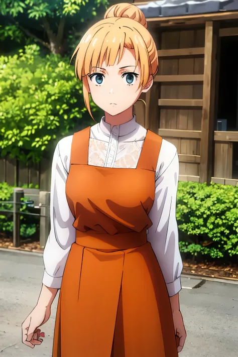 orange hair tied in a bun, white lace blouse, green eyes and long brown skirt, anime, detailed.