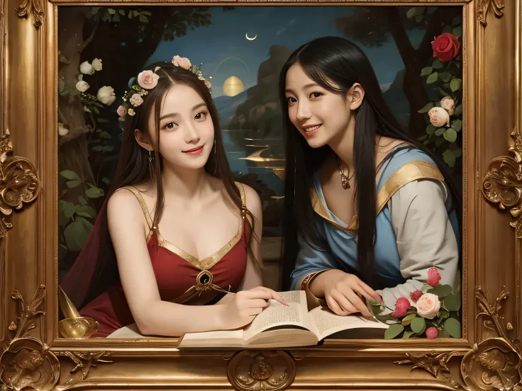 Giorgione painting style,Arguments of two female Philosophe,math、astronomical machine、astronaut、roses in vase、fruits、Cute trinkets、smile、ancient greek costume、Background is a forest lake at night 、Clothes that stretch your shoulders、A big smile、beautiful b...