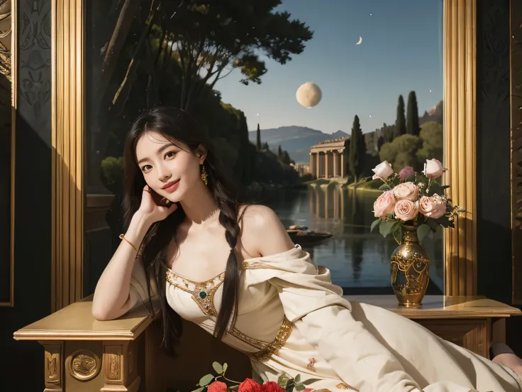 Giorgione painting style,Arguments of two female Philosophe,math、astronomical machine、astronaut、roses in vase、fruits、Cute trinkets、smile、ancient greek costume、Background is a forest lake at night 、Clothes that stretch your shoulders、A big smile、beautiful b...