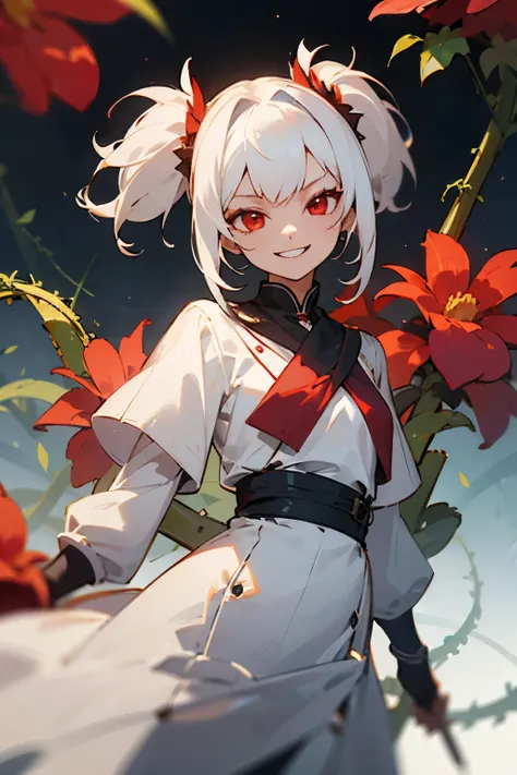 Female, short hair, white hair, red eyes, twin tails, white clothes, red flowers, vines, sadistic smile, evil