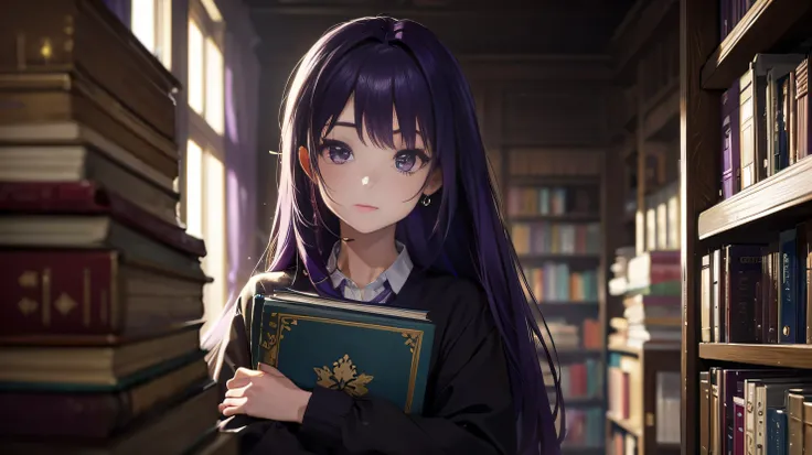 Best picture quality, 8K, high quality, masterpiece:1.2), ((masterpiece)), (great detail, high quality, best picture quality), bokeh, DOF, Portrait, open stance, purple hair long hair, in black, standing, round face, holding books, standing in library