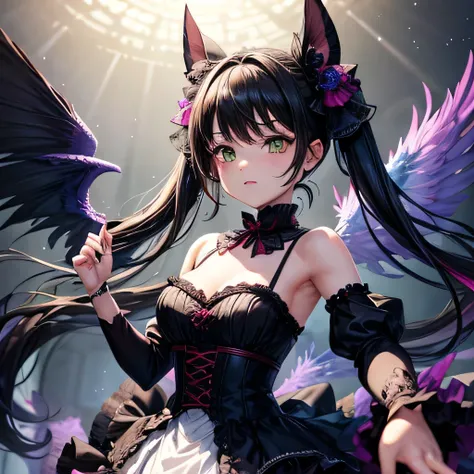 (One girl),Gothic,Twin tails up to the waist,Black Hair, Organza Lace,Gorgeous and elaborate clothes,Gothic, flight, green, (colorful), Bold, Gradient Blend, Motion Blur, Sparkling Texture, Dynamic configuration, Atmospheric perspective, Impressionist, , (...