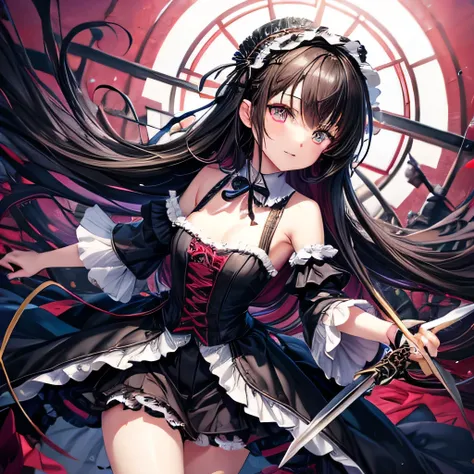 Wearing Gothic Lolita　Black Hair　Loli body type　Flat Chest　Countless swords are floating