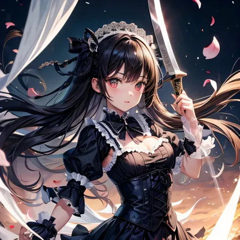 Wearing Gothic Lolita　Black Hair　Loli body type　Flat Chest　Countless swords are floating