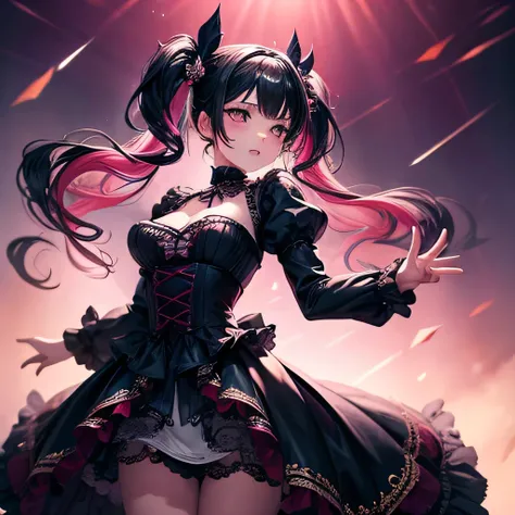 (One girl),Gothic,Twin tails up to the waist,Black Hair, Organza Lace,Gorgeous and elaborate clothes,Gothic, flight, green, (colorful), Bold, Gradient Blend, Motion Blur, Sparkling Texture, Dynamic configuration, Atmospheric perspective, Impressionist, , (...