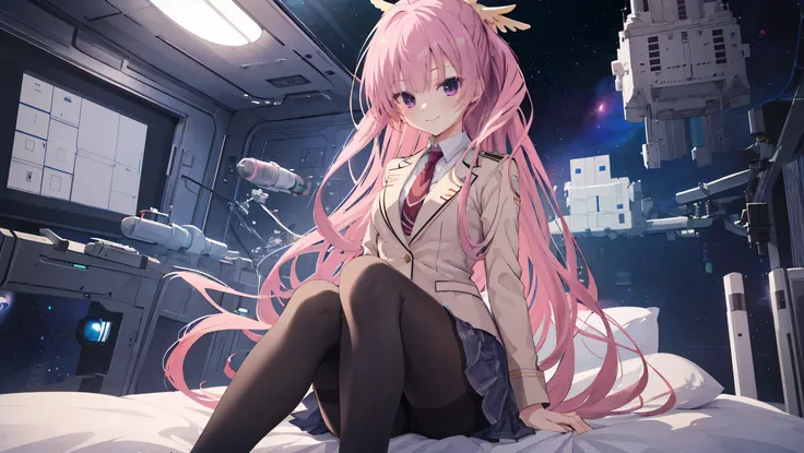 A girl,solo,Pink long hair,happy,Smile,Medium long hair,Dissemination,kikka academy uniform, pantyhose, highres, absurdres,Inside the spacecraft,on the bed,Glass Windows,Space background, Anime style 4k,mitsukasa ayase、Character-centered