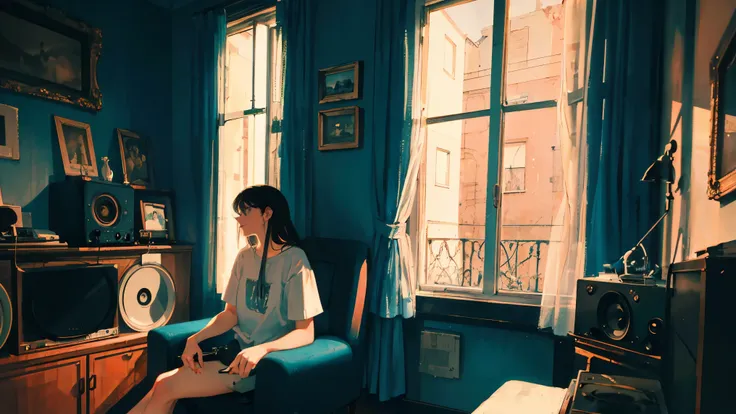 A masterpiece, top quality, featuring a woman sitting by the window of an old apartment enjoying LOFI music playing from a vintage record player. Featuring young women in casual, colorful clothing, the mood is nostalgic and dramatic.