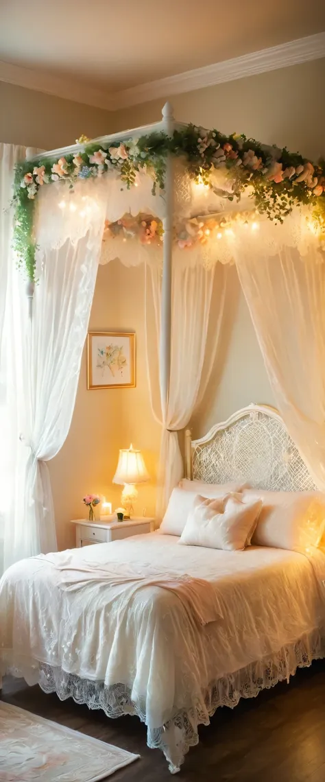 a romantic bedroom with a canopy bed draped in white lace curtains. the bed is adorned with soft, pastel-colored pillows and a w...