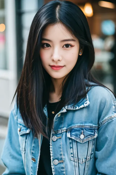 araffe woman with long black hair wearing a denim jacket, portrait of female korean idol, portrait of jossi of blackpink, shot on canon eos r5, shot on canon eos r 5, wan adorable korean face, shot on nikon z9, jinyoung shin, captured on canon eos r 6, tak...