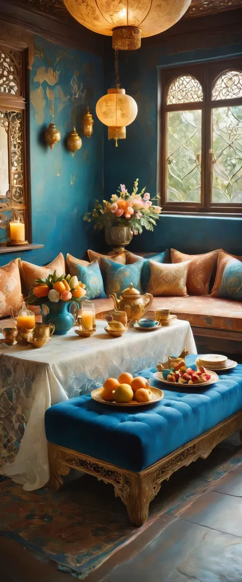 an oriental dining setting with a low table covered in a white lace tablecloth. the table is surrounded by plush cushions and ad...