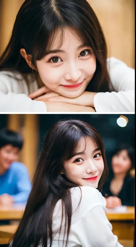 there is a woman with long hair sitting at a table, wan adorable korean face, shot on nikon z9, young adorable korean face, portrait of female korean idol, she has a cute expressive face, young cute wan asian face, captured on canon eos r 6, she has a cute...