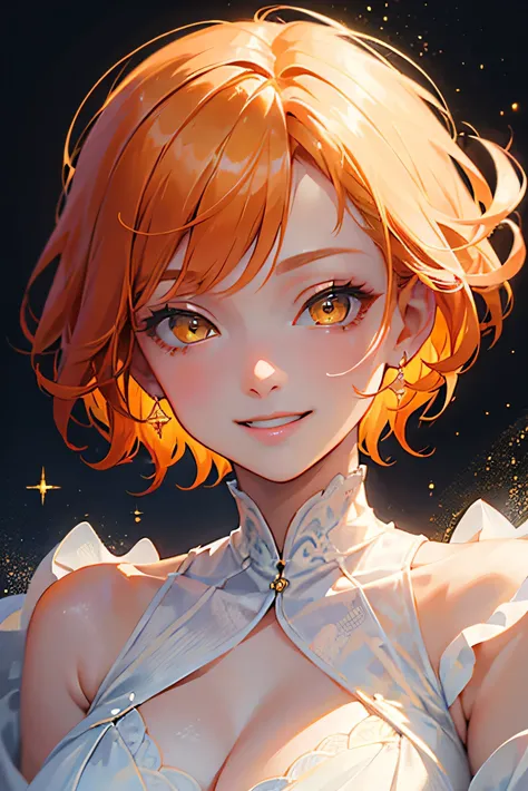 masterpiece, highest quality, so beautiful、up to date、Orange Hair, short hair, (Yellow Eyes)、((Fearless smile))、Adult woman in white dress、Face close-up、bullish expression、(Evil Smile)