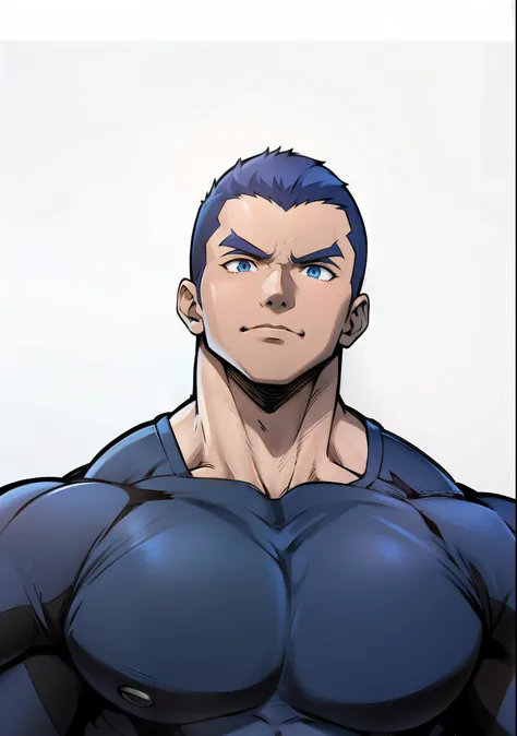 generates anime-style art images of men with athletic bodies , short blue hair , blue eyes, black shirt, purple pants and anime ...