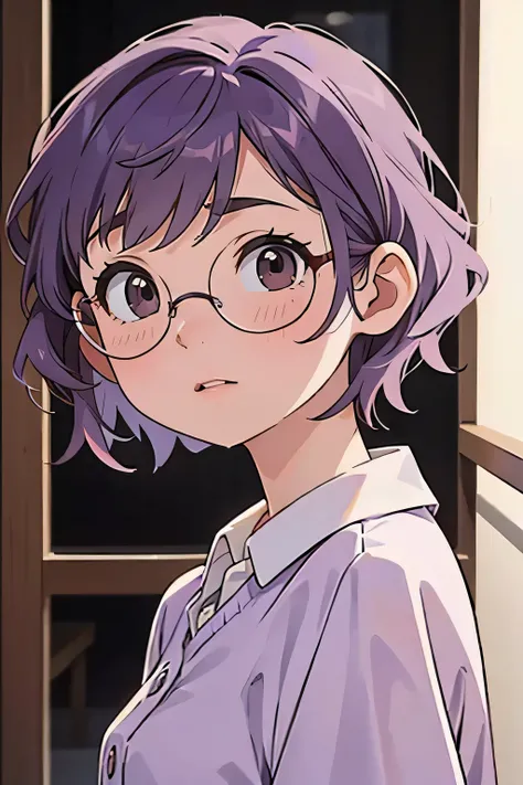 One girl, Mature Woman, masterpiece, spouse, goddess,short hair ,((Purple Hair)),Glasses