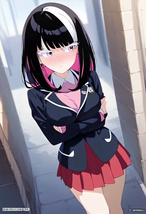 1girl, ((solo)), front view, lavender eyes, ((black hair)), ((colored hair strands, white:1.2)), (colored eyelashes, white eyelashes:1.2), medium length hair, hair over one eye, straightened hair, flowy hair, perfectly straight hair, black angled wispy bo...
