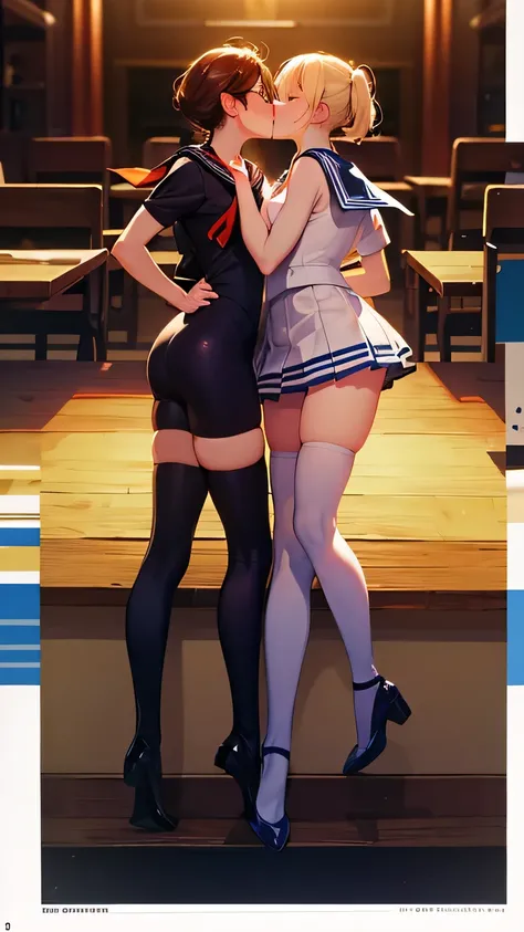 (Tabletop, highest quality:1.2), 8k, Official Art, RAW Photos,Glasses、Lesbian、Two female students、kiss  (whole body, Sailor suit,:1.4), beautiful girl, Idol&#39;s face, Pleated skirt, ,  Big Breasts　Short sleeve,  Cinema Lighting, Detailed face, Background...
