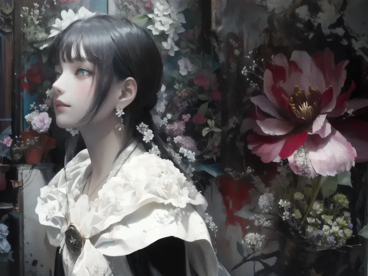 there is a girl that is standing in front of a flower, Mixed Media Photography, flower, Digital Collage, oil painting,