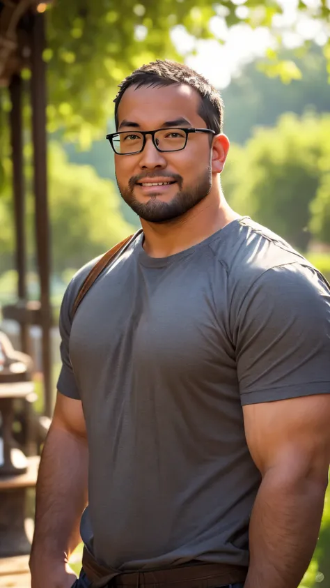 An award-winning original photo, a handsome 35-year-old man, crew cut, full body, mature man, [slightly fat], asian, brown eyes, glasses, (slightly balding), 1boy, Solo, (big shoulder), stubbles, (Short beard), Dynamic Angle, volumetric lighting, (Best qua...