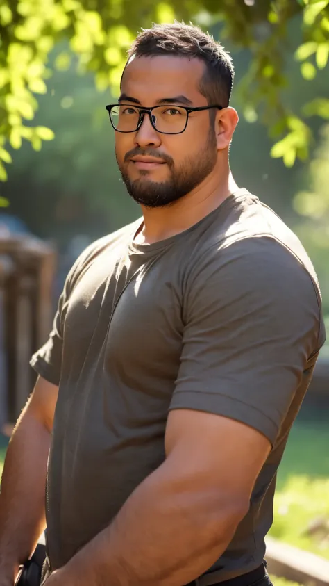 An award-winning original photo, a handsome 35-year-old man, crew cut, full body, mature man, [slightly fat], asian, brown eyes, glasses, (slightly balding), 1boy, Solo, (big shoulder), stubbles, (Short beard), Dynamic Angle, volumetric lighting, (Best qua...