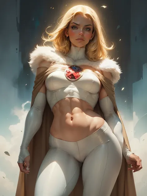 cinematic. (((a comic style, cartoon art))). emma frost posing for photo (((in epic heroic pose))) , wearing his iconic x-men un...