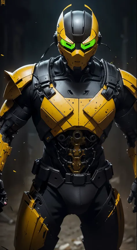 zxcrx, ninja ciborgue vestindo elegante, black and yellow armor that incorporates various mechanical components, his face is cov...