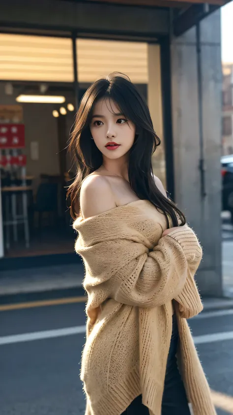 A perfect young female，High picture quality，Works of masters，Black hair，Long hair shawl，Long hair flowing over the shoulders，Blurred background，outside, Real Human，CG rendering，16k, Depth of field, movie light, lens flare, Ray tracing ,Stand up，Empty inter...