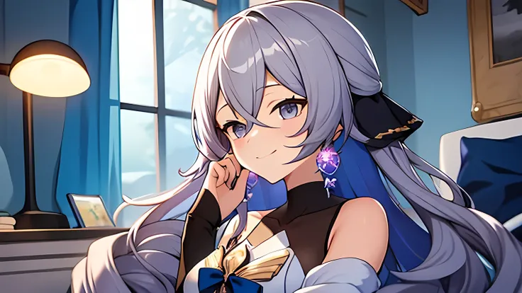 Bronya, shy smile, sonolenta, olhando para o telespectador, fundo escuro, fundo de quarto, dentro de um quarto, mulher bonita, obra prima, obra de arte, fundo detalhado, usando um pijama, usando uma roupa simples, quarto com paredes de madeira, lamp lighti...