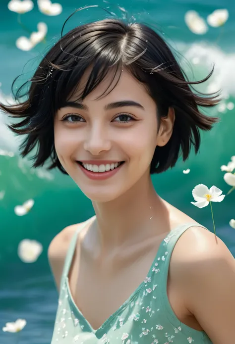 (best quality,4k,8k,highres,masterpiece:1.2),ultra-detailed,(Ultra-realistic, photorealistic,photo-realistic:1.37), Beautiful and delicate portrait of a playful cute girl with boyish short hair, Black Hair, Emerald Green Sea, Mischievous Smile, Dancing Pet...