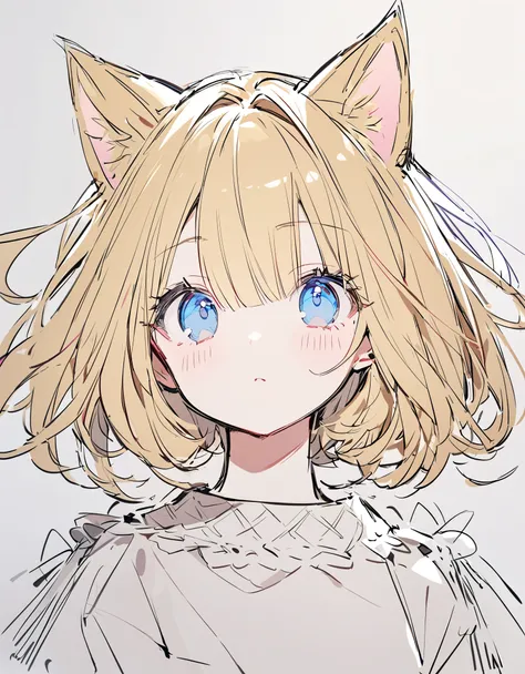 (sketches), (close), (small body), (pink cheeks), (golden cat ears), (cute cat ears),golden hair, (short bob hair:1.4), (blue ey...