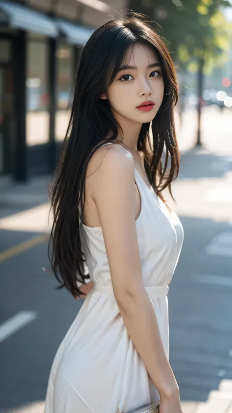 A perfect young female，High picture quality，Works of masters，Black hair，Long hair flowing over the shoulders，Blurred background，outside, Real Human，CG rendering，16k, Depth of field, movie light, lens flare, Ray tracing 