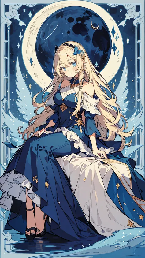 1 Girl, Anime Illustrations, detailed, beautiful, Anime Art, Anime Art, Tarot Moon, Long hair, Blonde Hair, bright blue eyes, In the background above is a huge full moon, Elegant long skirt, Dark blue dress, Smile, faint blush, Silver jewelry, Sibernaland,...