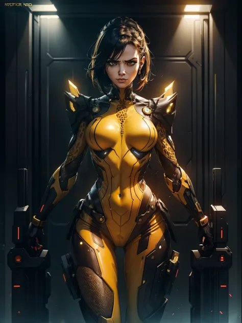 a (giraffe pattern outfit) yellow and black outfit,sword,beautiful cyberpunk woman,cyberpunk angry gorgeous goddess,beautiful cyborg girl ,hyper realistic,intricate details,cinematic lighting,vibrant colors,award winning,stunning,masterpiece