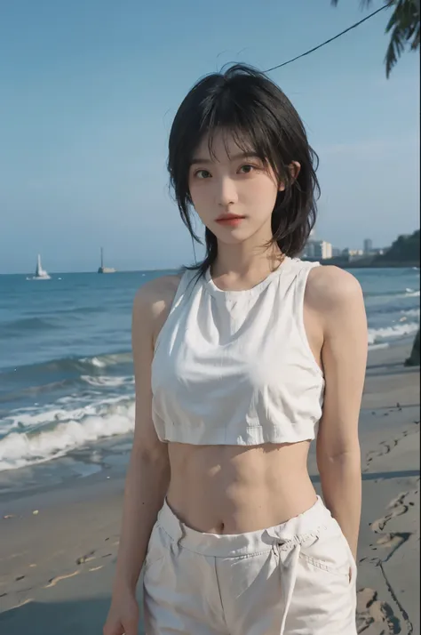 Best quality，Ultra-high resolution，（lifelike：1.4），Cute hairpin，2girll，Red short hair，jk，Blush，Slim beauty：1.4，Visible abdominal muscles，on the beach，Ultra-fine face，Exquisite eyes，Double eyelids，