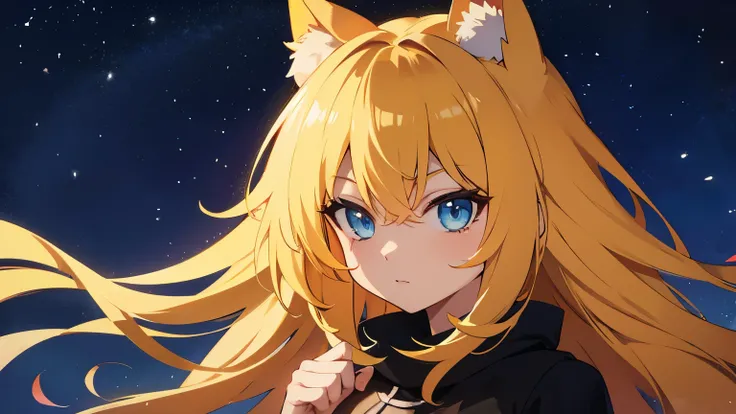 Anime cat girl with long yellow hair and blue eyes is thinking.