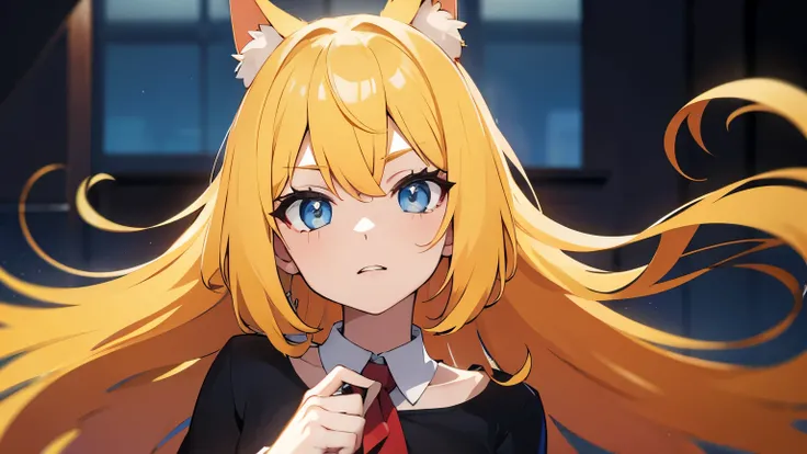 Anime cat girl with long yellow hair and blue eyes is thinking.