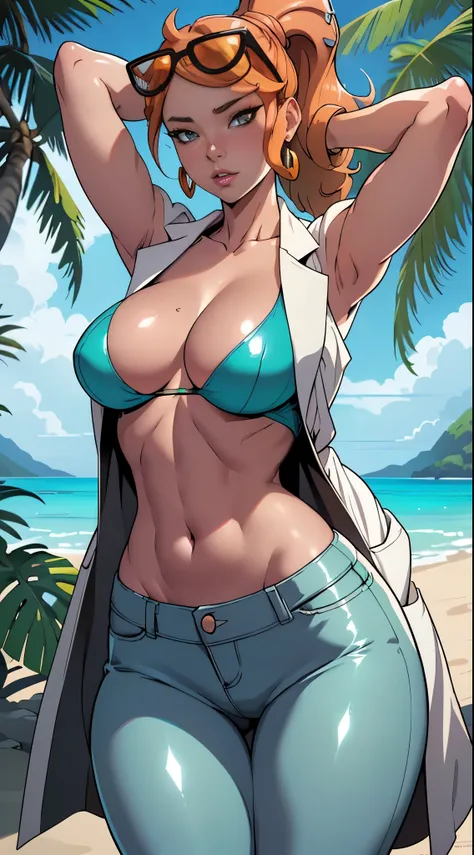 woman with large breasts, sexy body, Sonia from pokemon, (cutesexyrobutts), high quality fanart, unparalleled masterpiece, (shirtless), tight pants, lab coat, arms behind head, ultra realistic 8k CG, perfect artwork, (1girl:1.1), solo, looking at viewer, (...