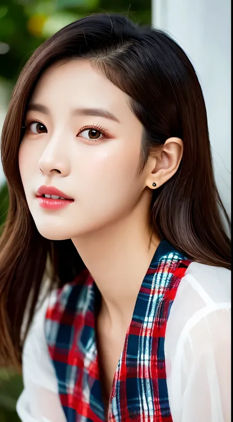 arafed woman in a plaid dress and a white shirt, portrait of jossi of blackpink, jaeyeon nam, jinyoung shin, captured on canon eos r 6, headshot profile picture, taejune kim, portrait of female korean idol, gongbi, kim doyoung, red velvet, yanjun chengt, s...