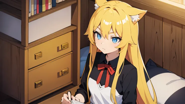 Anime cat girl with long yellow hair and blue eyes is thinking.