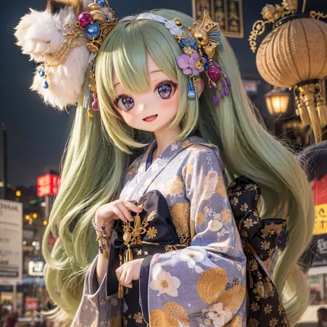 "(highest quality,Super detailed),Chibi Ermine Girl,Adorable and cute,yukata,Playful,Summer festival,smile,Expressive eyes,Soft pastel colors,Comes with cute accessories,Twinkling fireworks,Floating lanterns,Traditional Japan atmosphere"