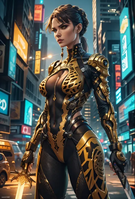 a (giraffe pattern outfit) yellow and black outfit,sword,beautiful cyberpunk woman,cyberpunk angry gorgeous goddess,beautiful cy...